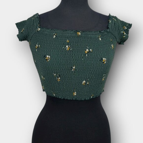 Abercrombie & Fitch green floral smocked puff sleeve crop top square neck size S - Picture 1 of 8